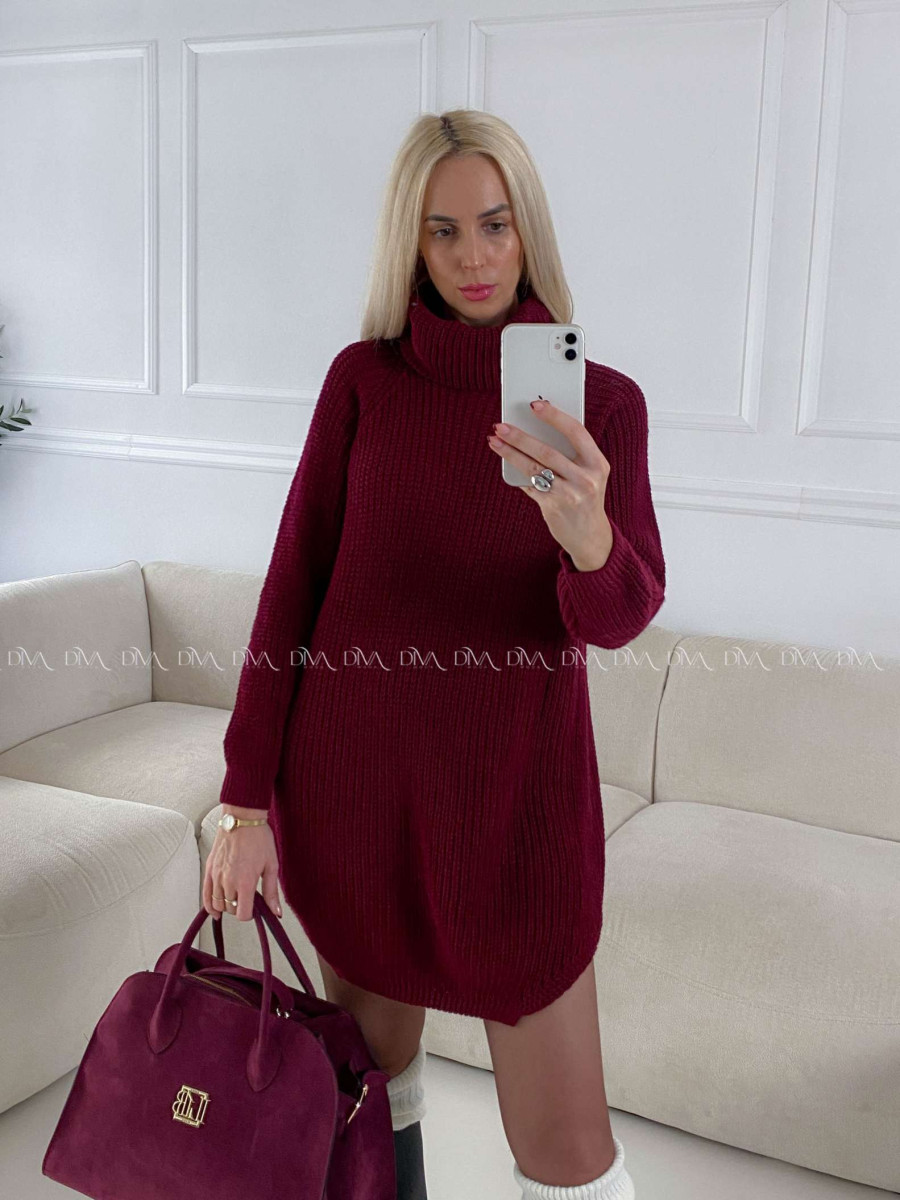 Pletený predĺžený rolák/ šaty burgundy V 2000