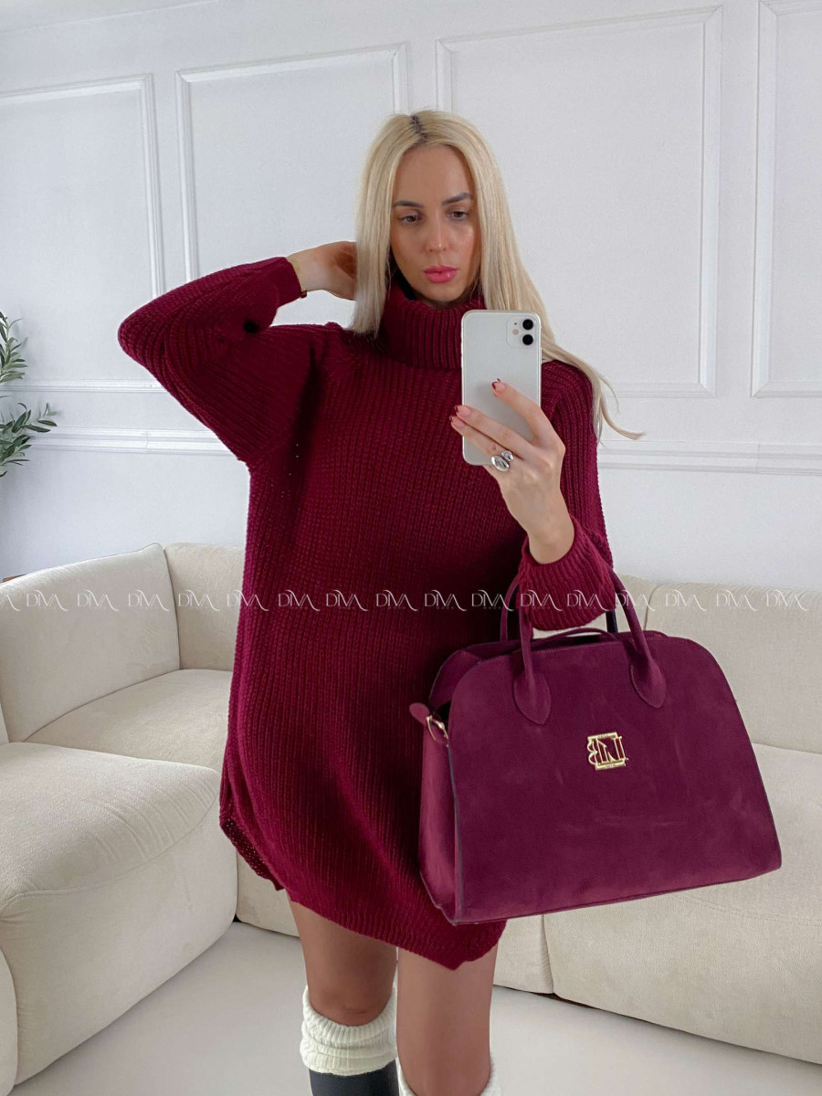 Pletený predĺžený rolák/ šaty burgundy V 2000