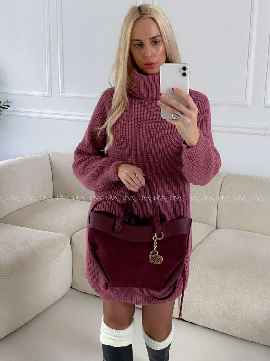 Pletený predĺžený rolák/ šaty zastretá ružová V 2000