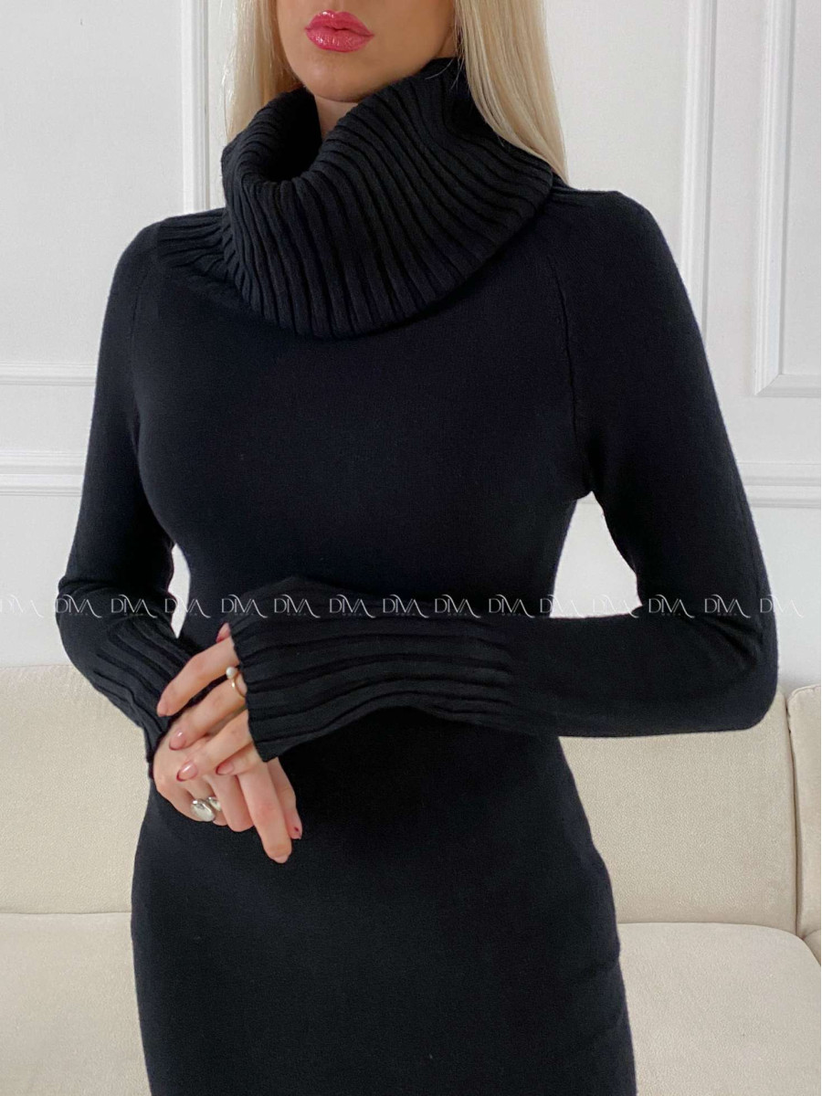 Rolákové úpletové šaty s mohutným golierom čierne A 150