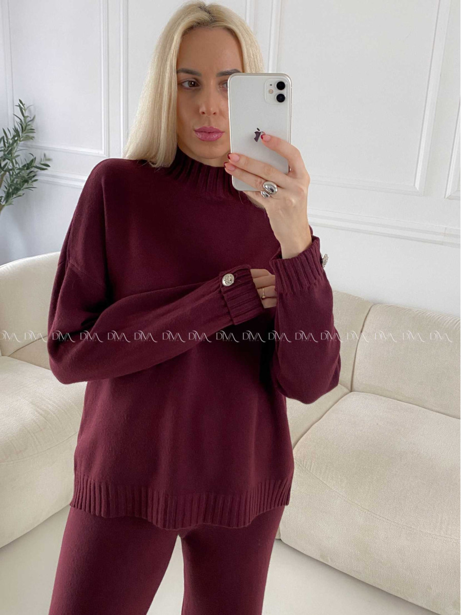 Úpletový komplet sveter + nohavice burgundy A 157