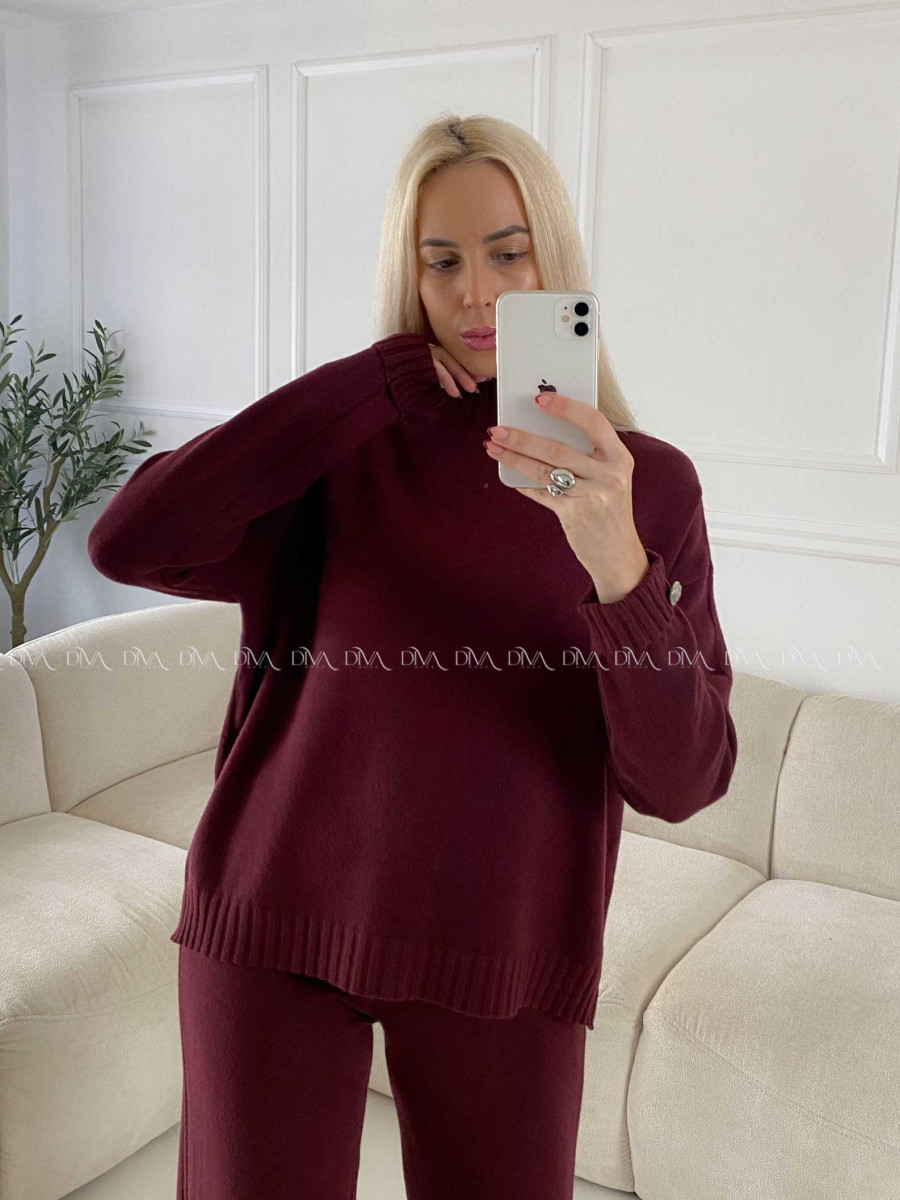 Úpletový komplet sveter + nohavice burgundy A 157