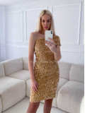 Flitrované mini šaty na rameno zlaté A 161