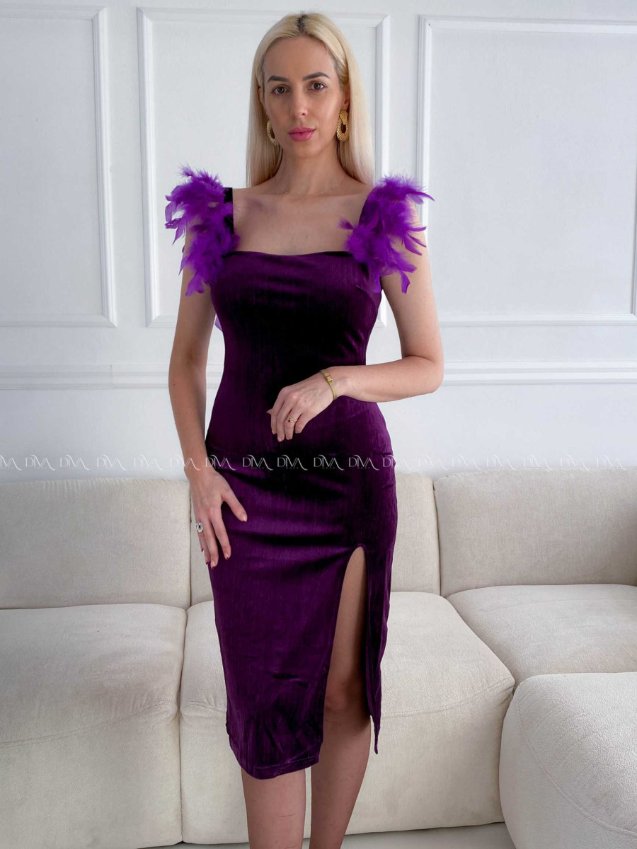 Zamatové midi šaty s pierkami fialové A 158
