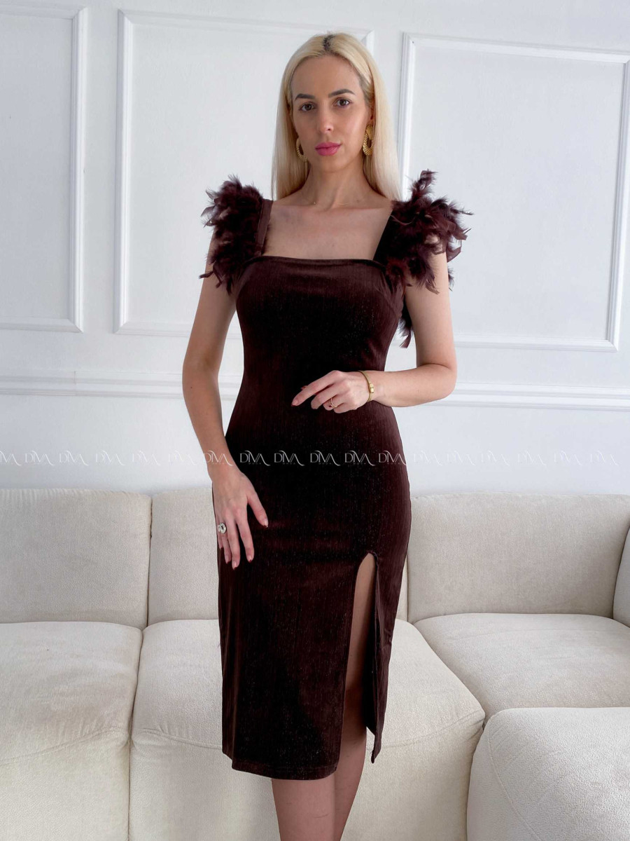 Zamatové midi šaty s pierkami čokoládové A 158