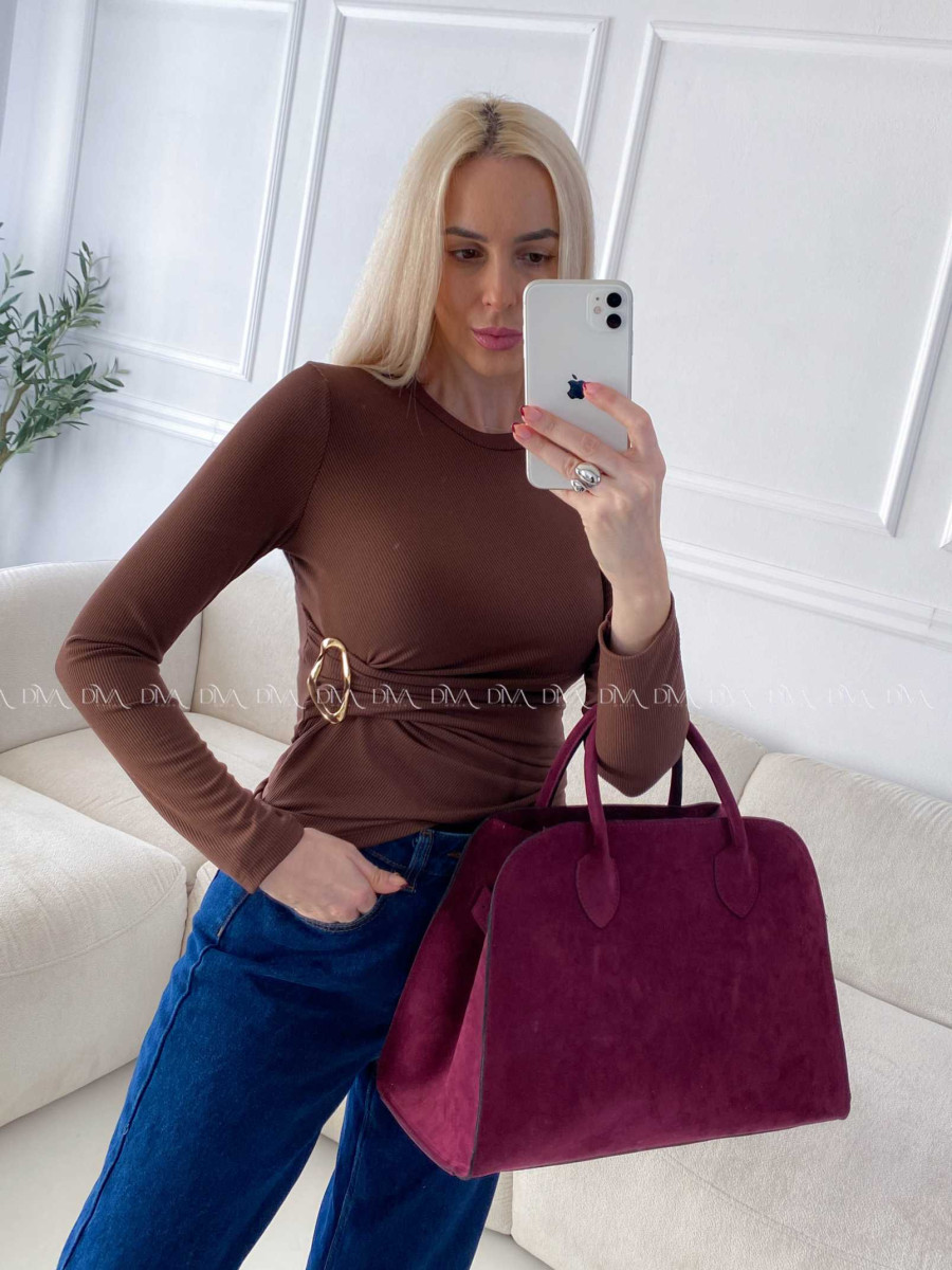 Rebrovaný top so zlatou sponou čokoládový A 162