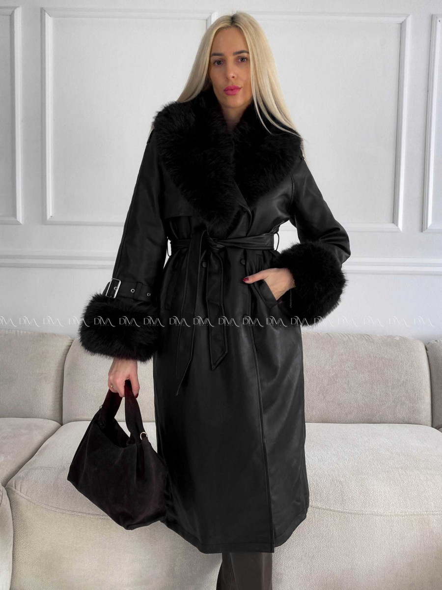 Zateplený koženkový kabát čierny A 74