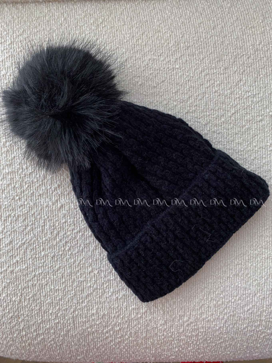 Pletená čiapka s mašličkou a brmbolcom čierna