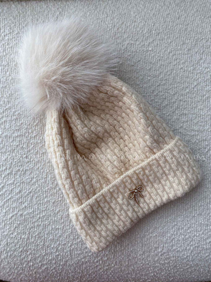 Pletená čiapka s mašličkou a brmbolcom vanilkovo-béžová