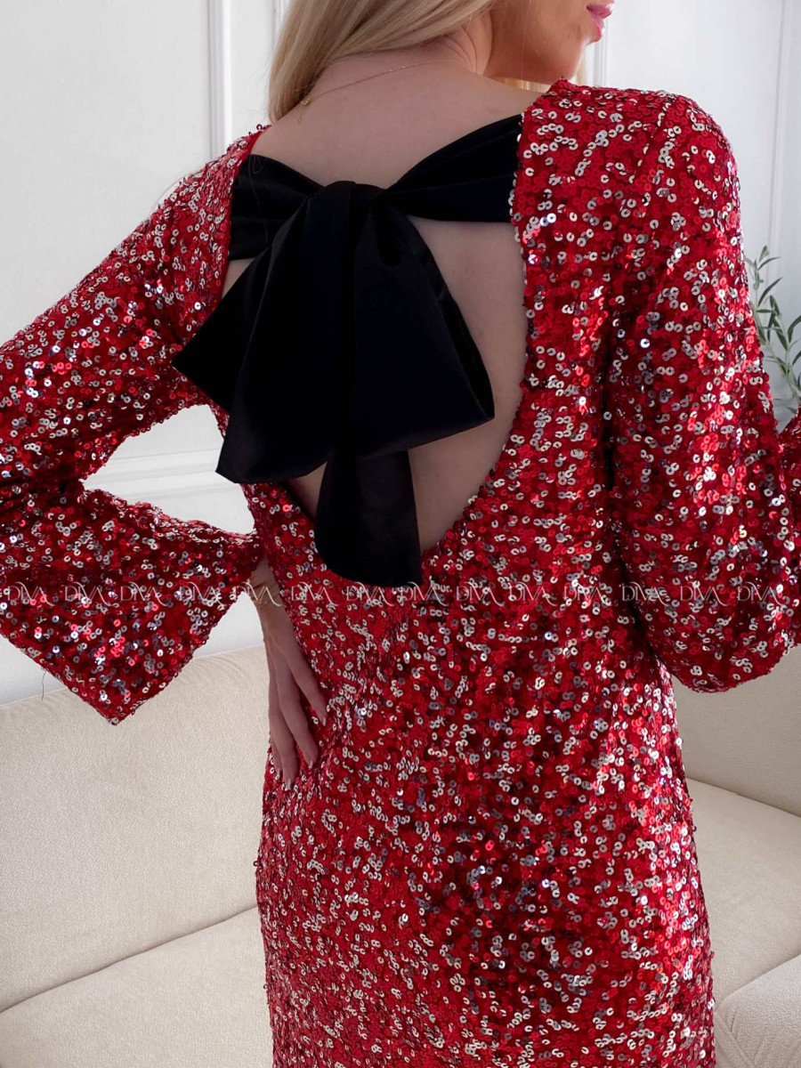 Flitrované krátke šaty s mašľou na chrbte červené A 173