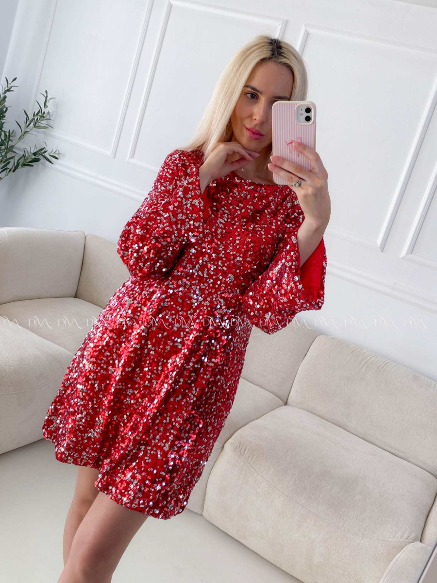 Flitrované krátke šaty s mašľou na chrbte červené A 173