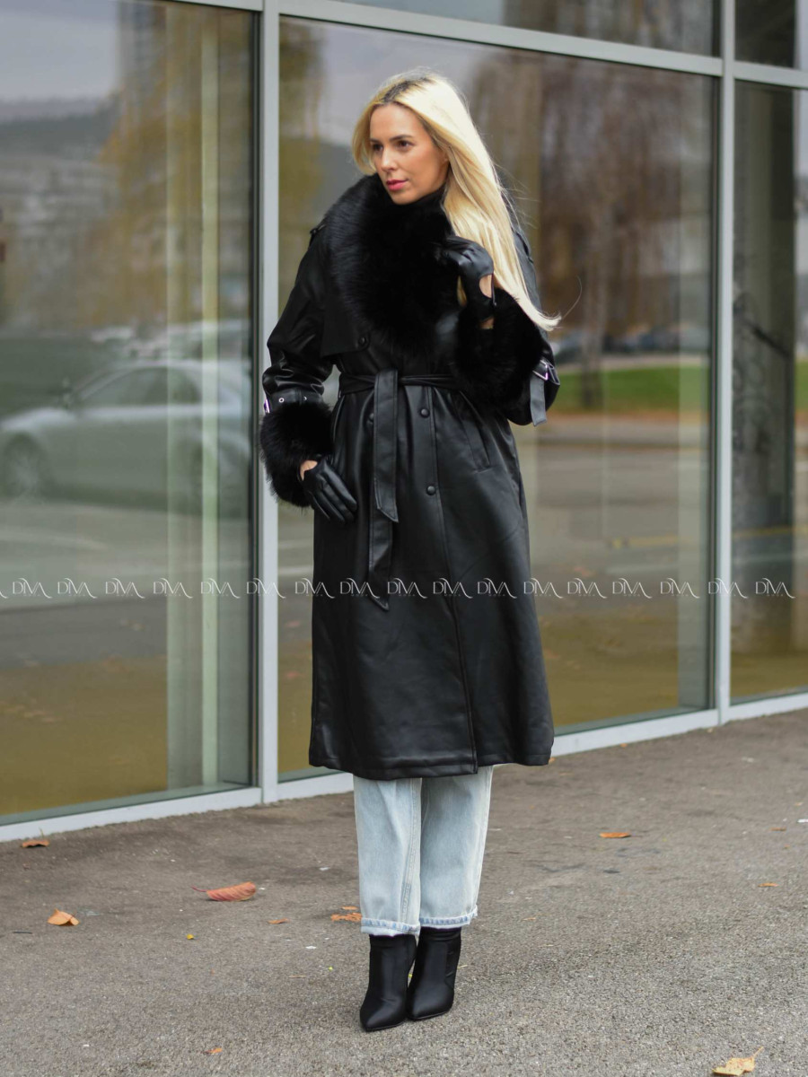 Zateplený koženkový kabát čierny A 74