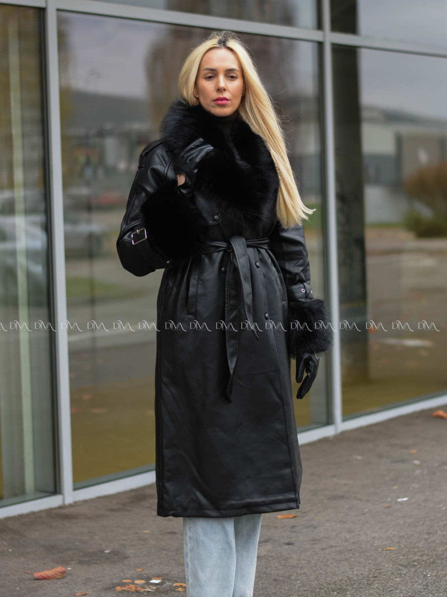 Zateplený koženkový kabát čierny A 74