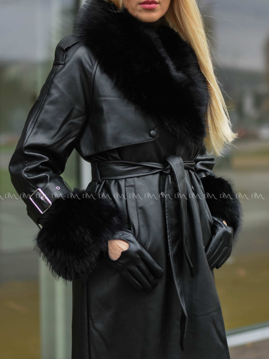 Zateplený koženkový kabát čierny A 74