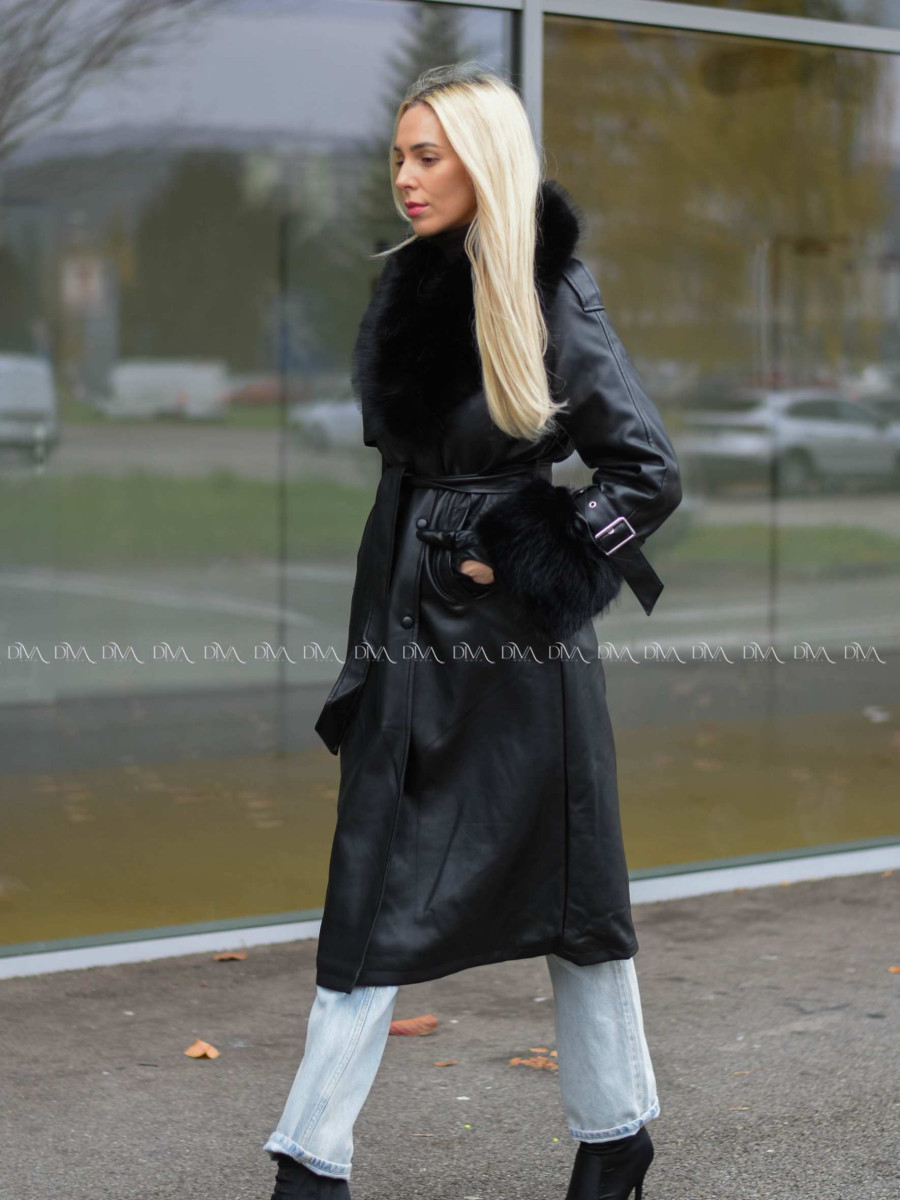 Zateplený koženkový kabát čierny A 74