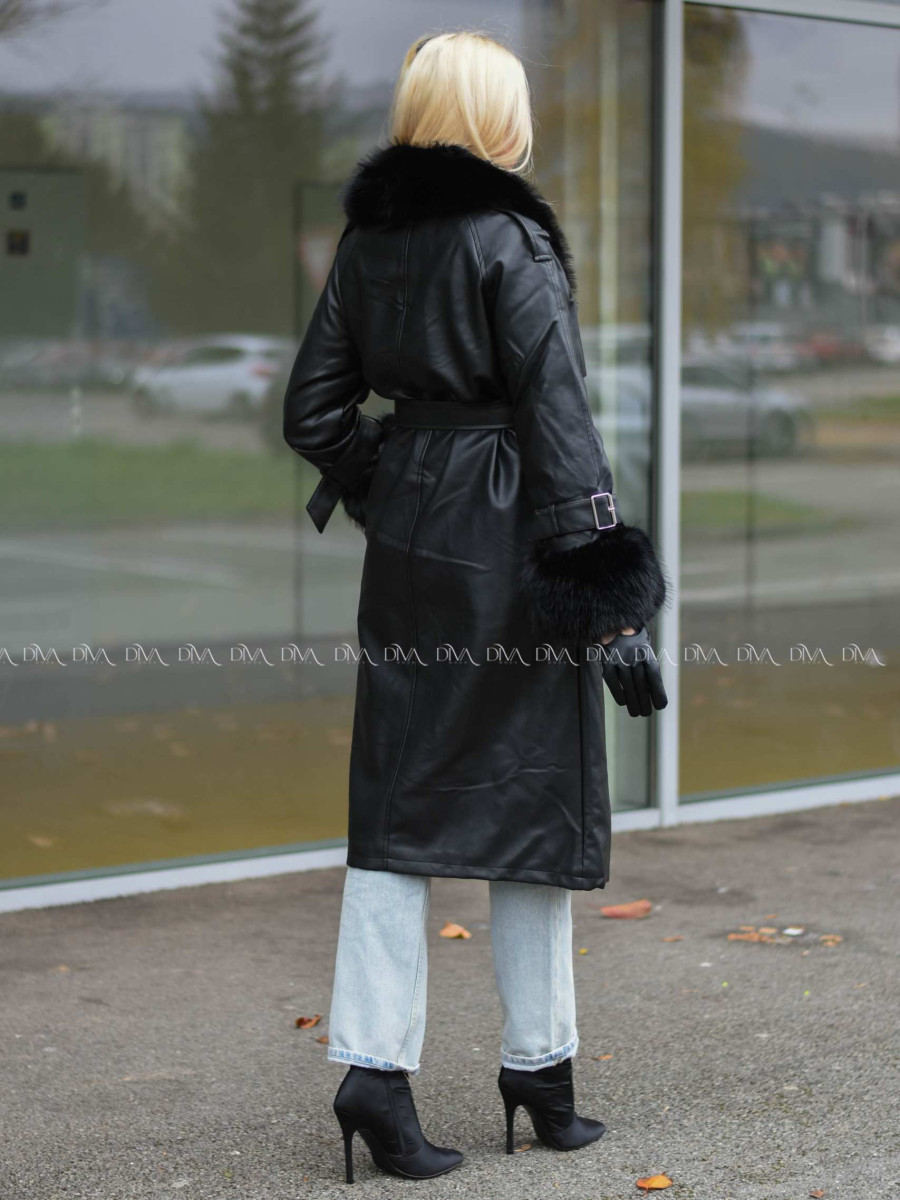 Zateplený koženkový kabát čierny A 74