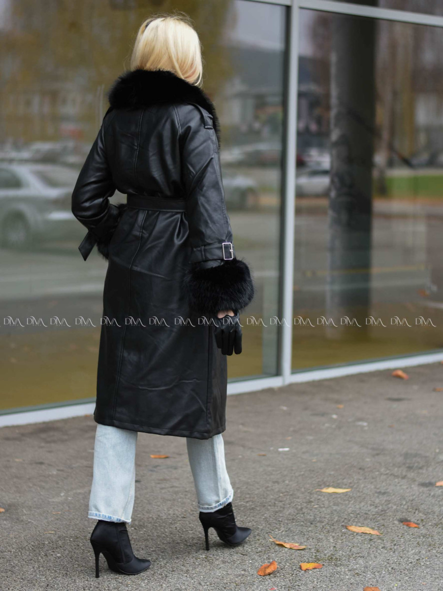 Zateplený koženkový kabát čierny A 74