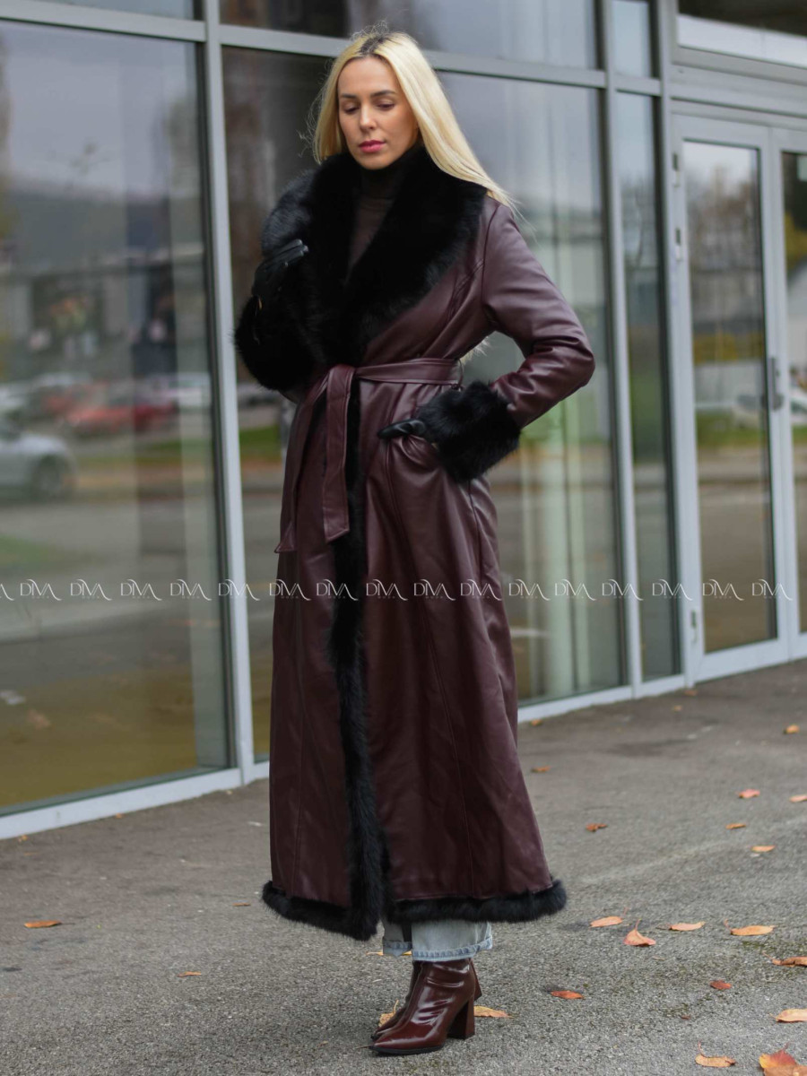 Zateplený koženkový kabát burgundy s čiernou kožušinou A 74