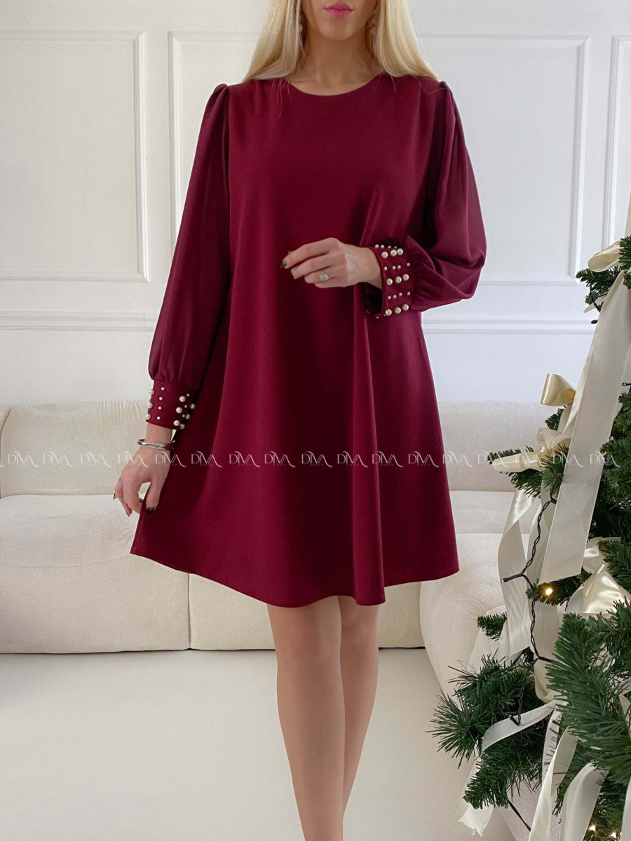 Šaty s perličkami na rukávoch burgundy A 186