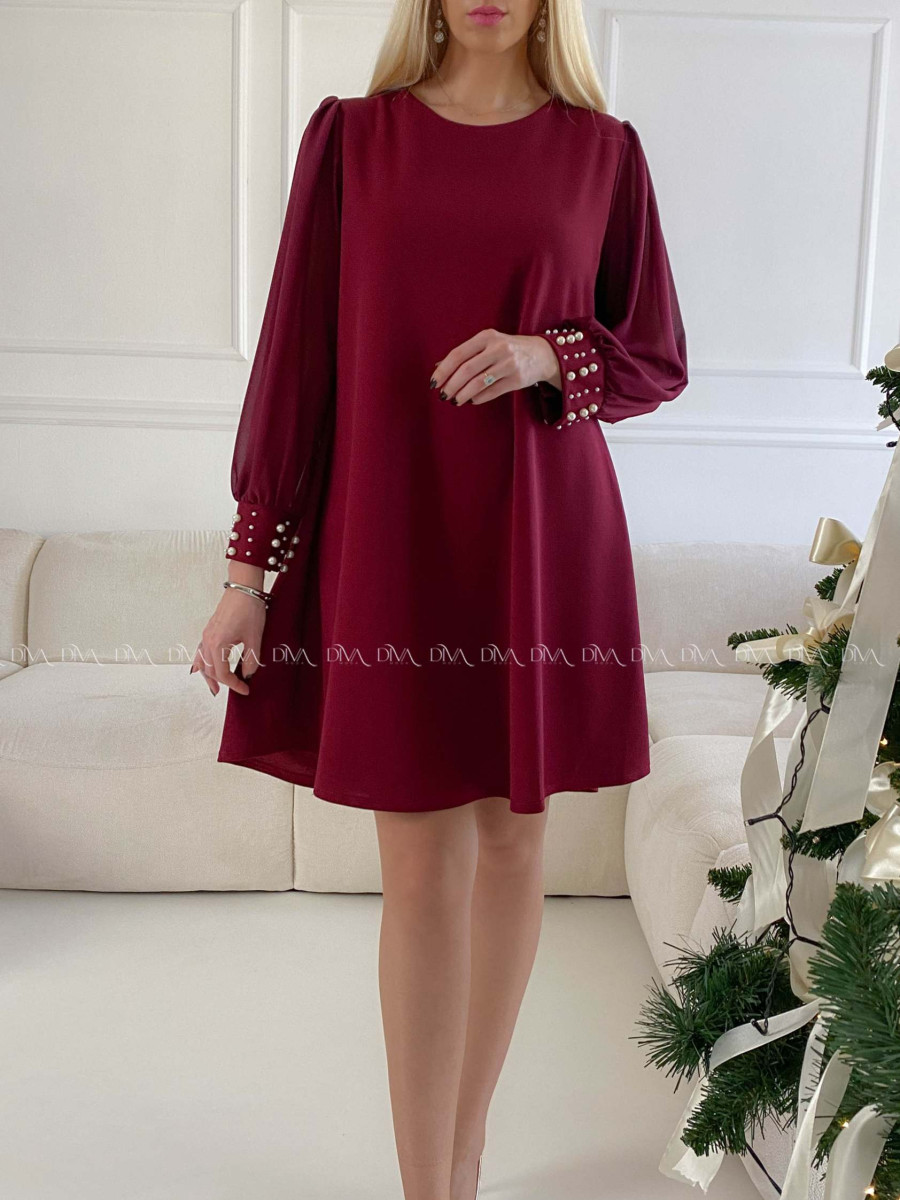 Šaty s perličkami na rukávoch burgundy A 186