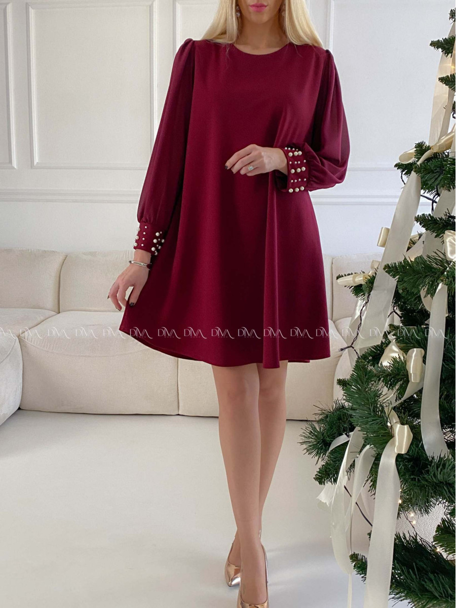Šaty s perličkami na rukávoch burgundy A 186