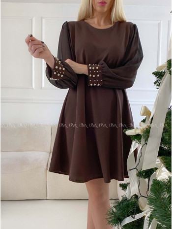 Šaty s perličkami na rukávoch hnedé A 186
