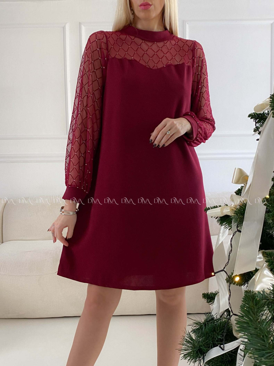 Šaty so sieťovanými rukávmi a trblietkami burgundy A 185