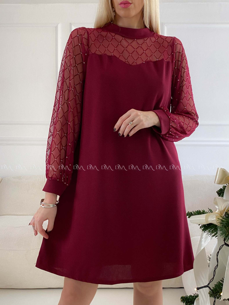 Šaty so sieťovanými rukávmi a trblietkami burgundy A 185