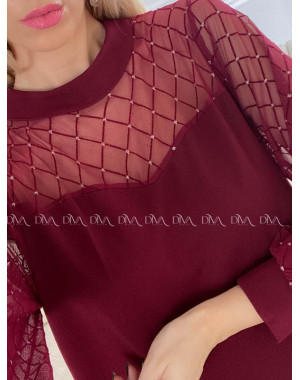 Šaty so sieťovanými rukávmi a trblietkami burgundy A 185