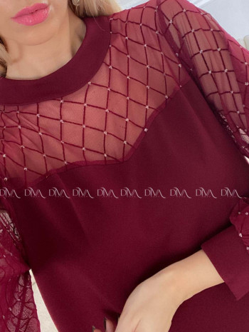 Šaty so sieťovanými rukávmi a trblietkami burgundy A 185
