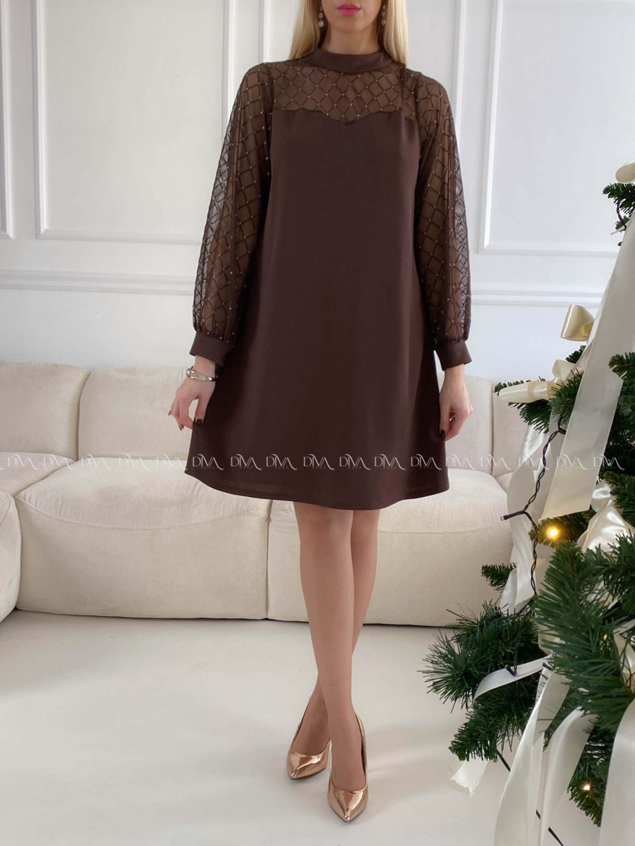 Šaty so sieťovanými rukávmi a trblietkami hnedé A 185