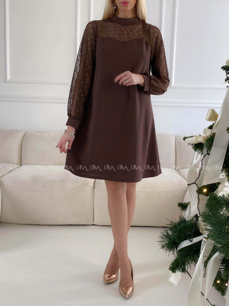 Šaty so sieťovanými rukávmi a trblietkami hnedé A 185
