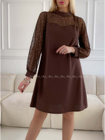 Šaty so sieťovanými rukávmi a trblietkami hnedé A 185