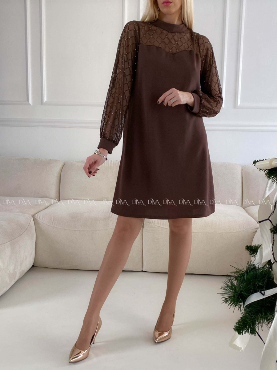 Šaty so sieťovanými rukávmi a trblietkami hnedé A 185