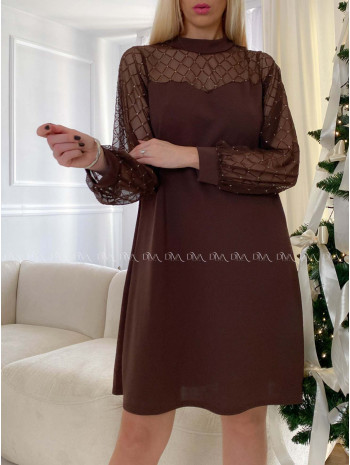 Šaty so sieťovanými rukávmi a trblietkami hnedé A 185