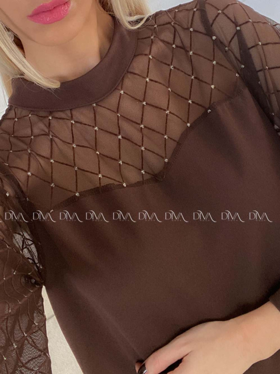 Šaty so sieťovanými rukávmi a trblietkami hnedé A 185