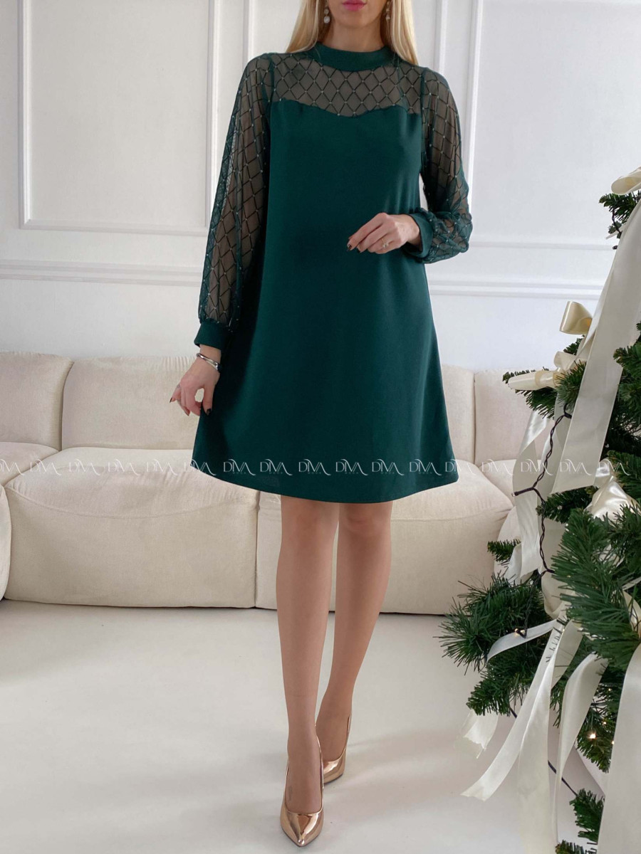 Šaty so sieťovanými rukávmi a trblietkami zelené A 185