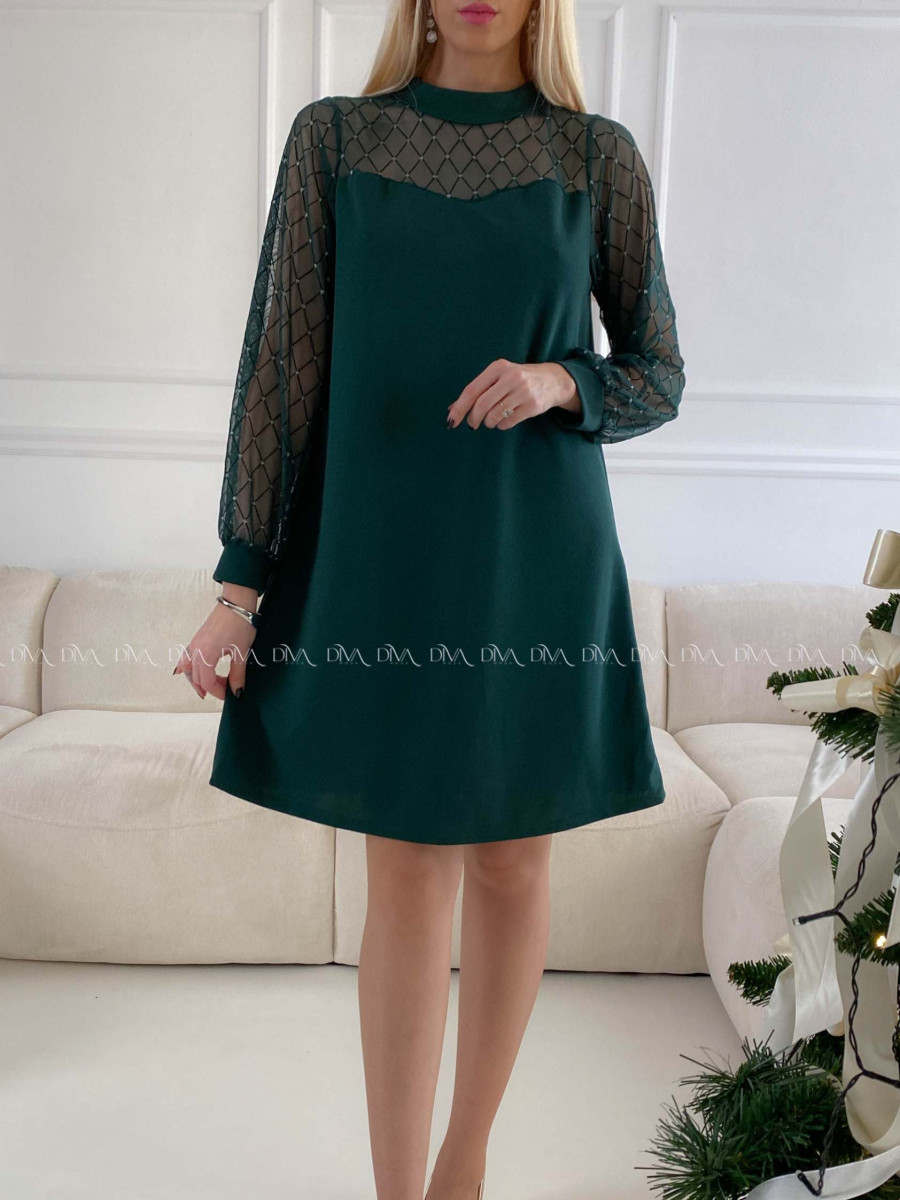 Šaty so sieťovanými rukávmi a trblietkami zelené A 185