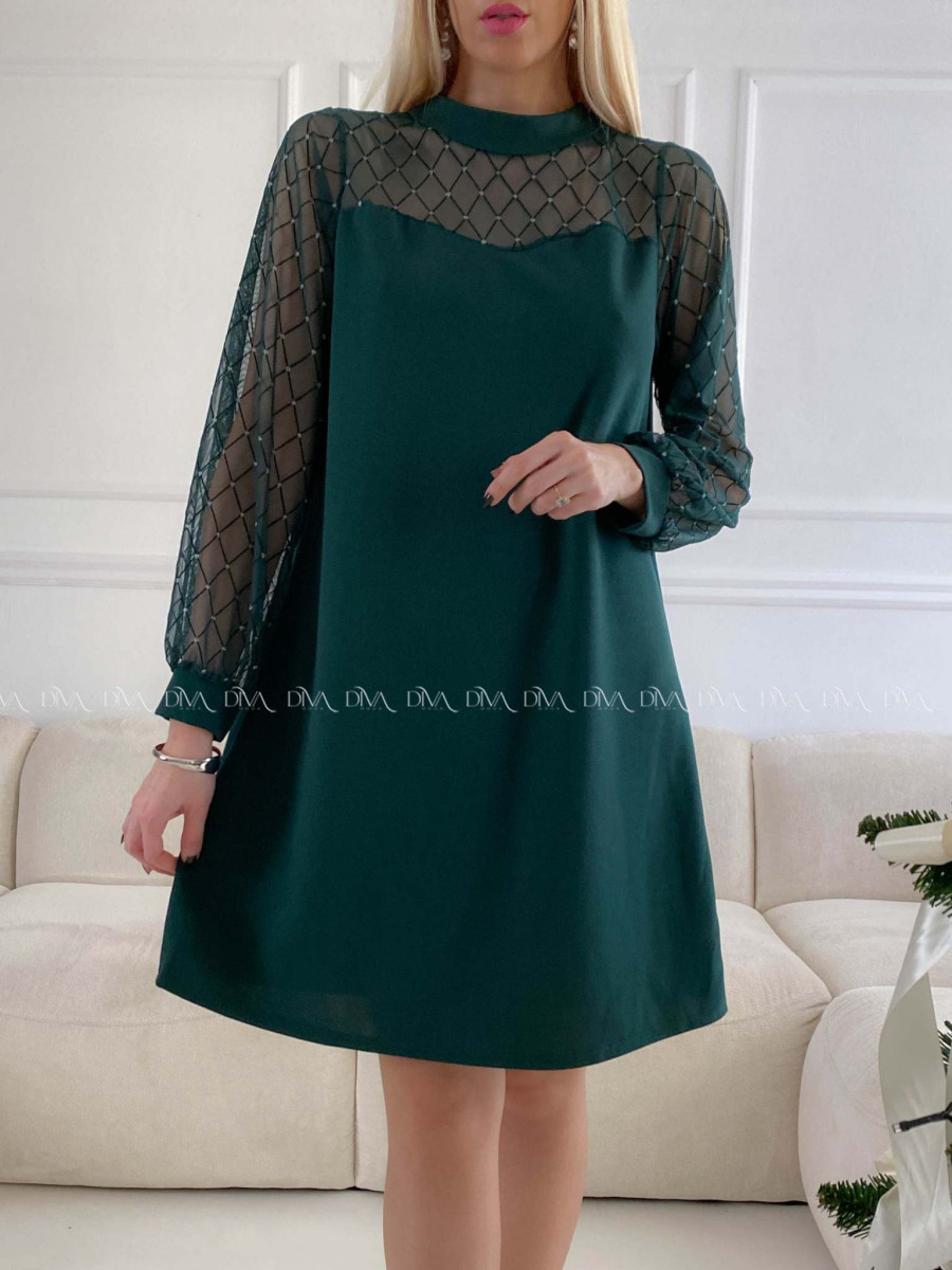 Šaty so sieťovanými rukávmi a trblietkami zelené A 185