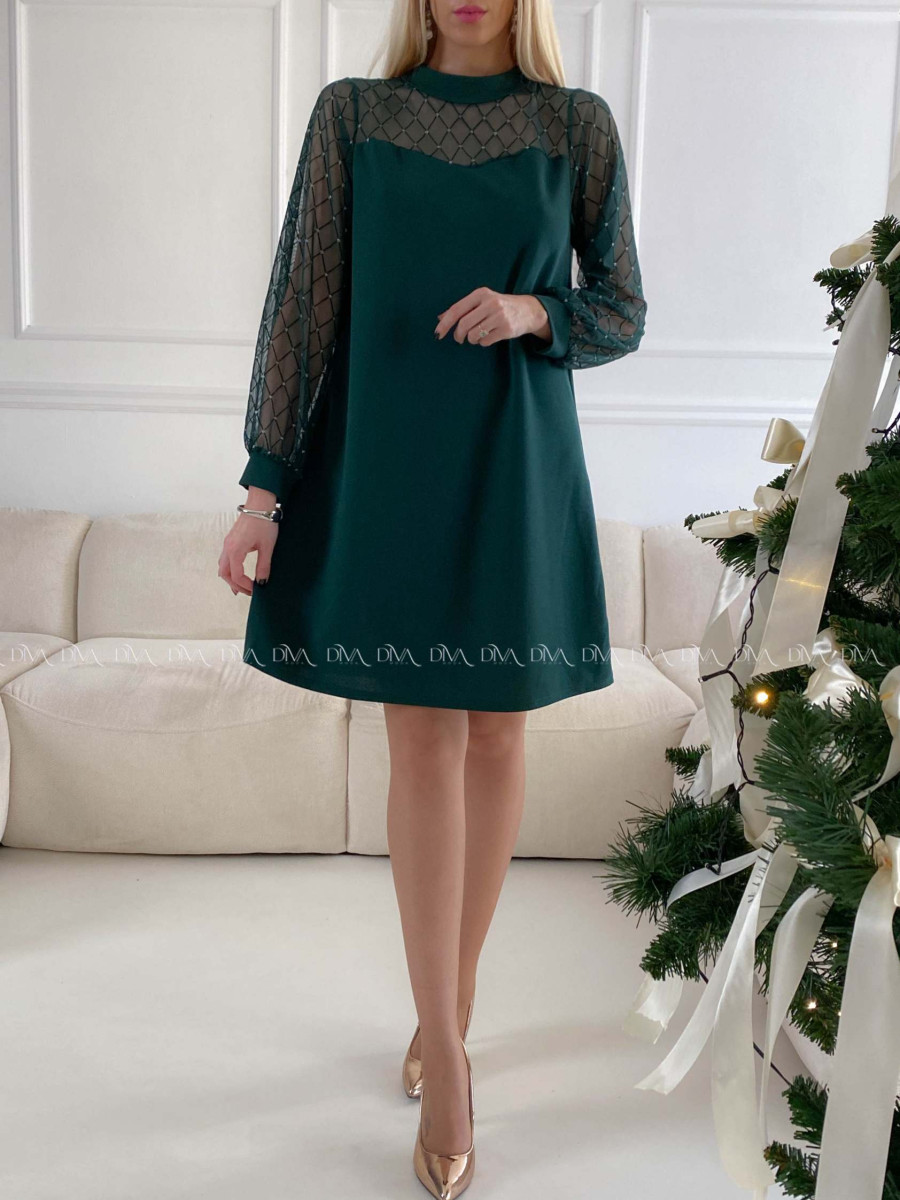 Šaty so sieťovanými rukávmi a trblietkami zelené A 185