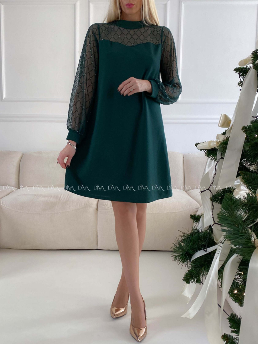 Šaty so sieťovanými rukávmi a trblietkami zelené A 185