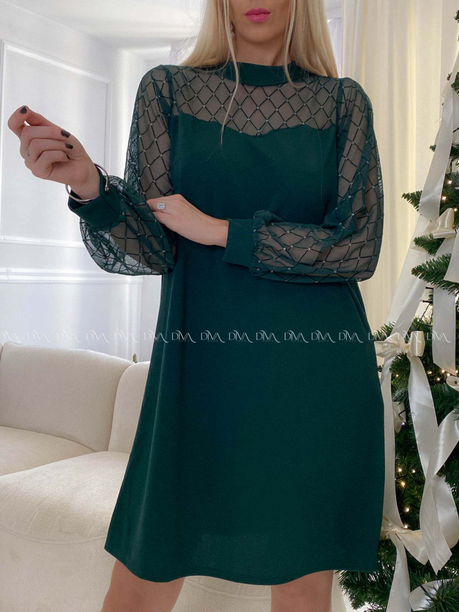 Šaty so sieťovanými rukávmi a trblietkami zelené A 185