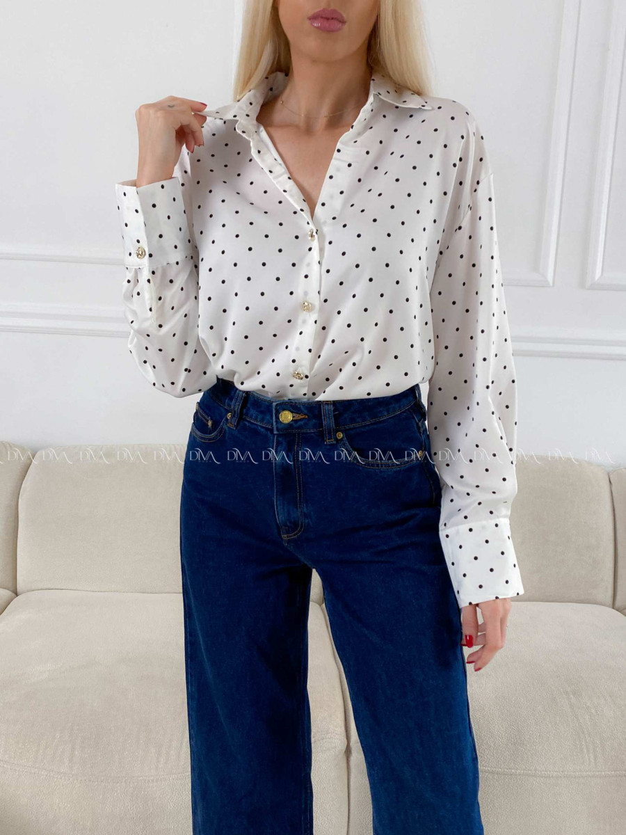Saténová blúzka s bodkami biela A 193