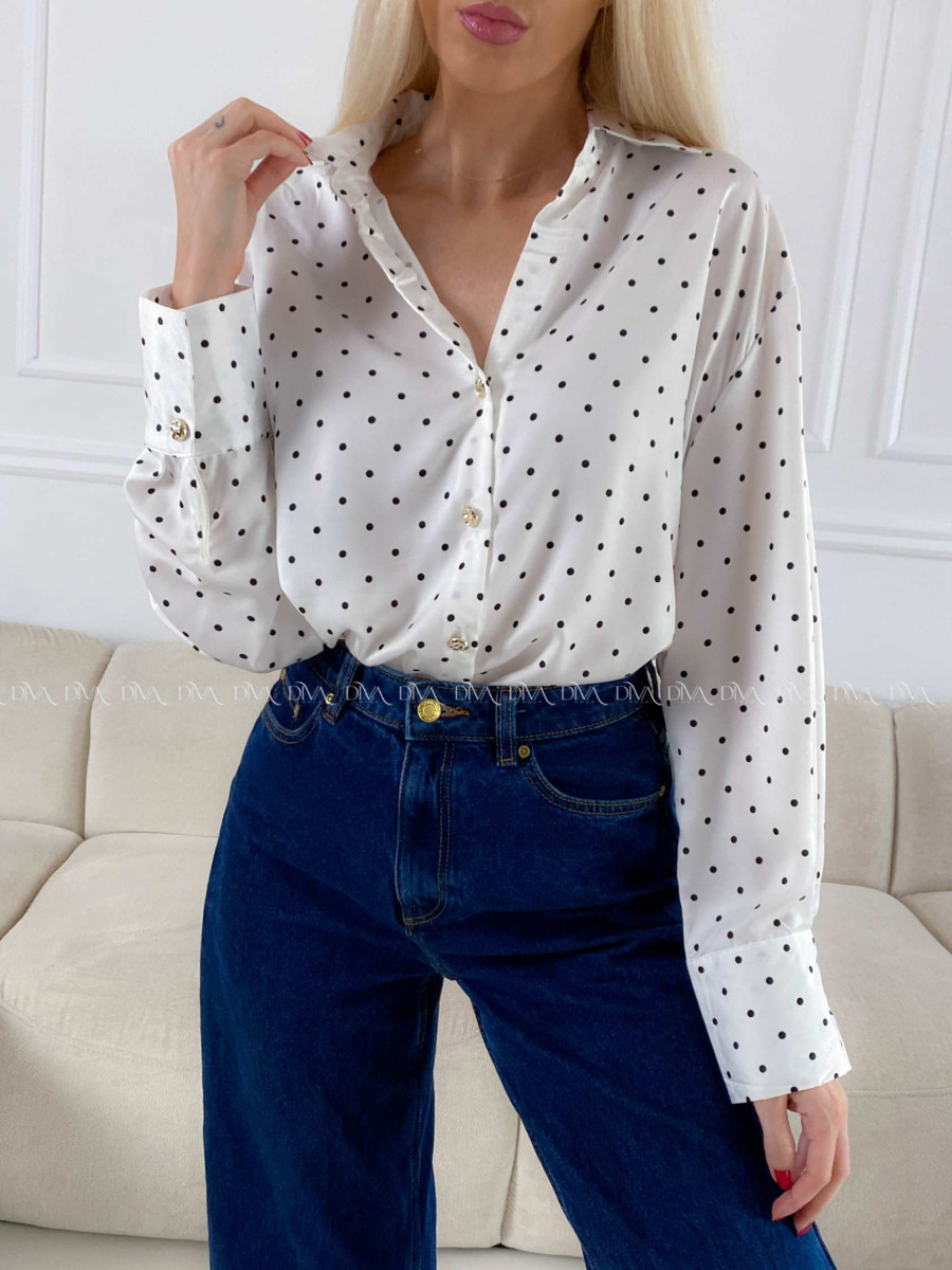 Saténová blúzka s bodkami biela A 193