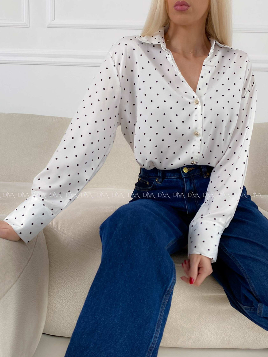 Saténová blúzka s bodkami biela A 193