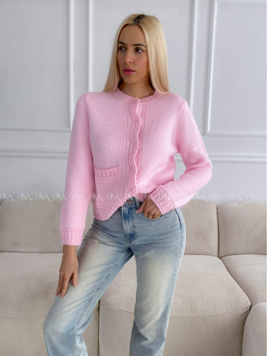 Mäkký kardigan s vrkočovým vzorom ružový B 11