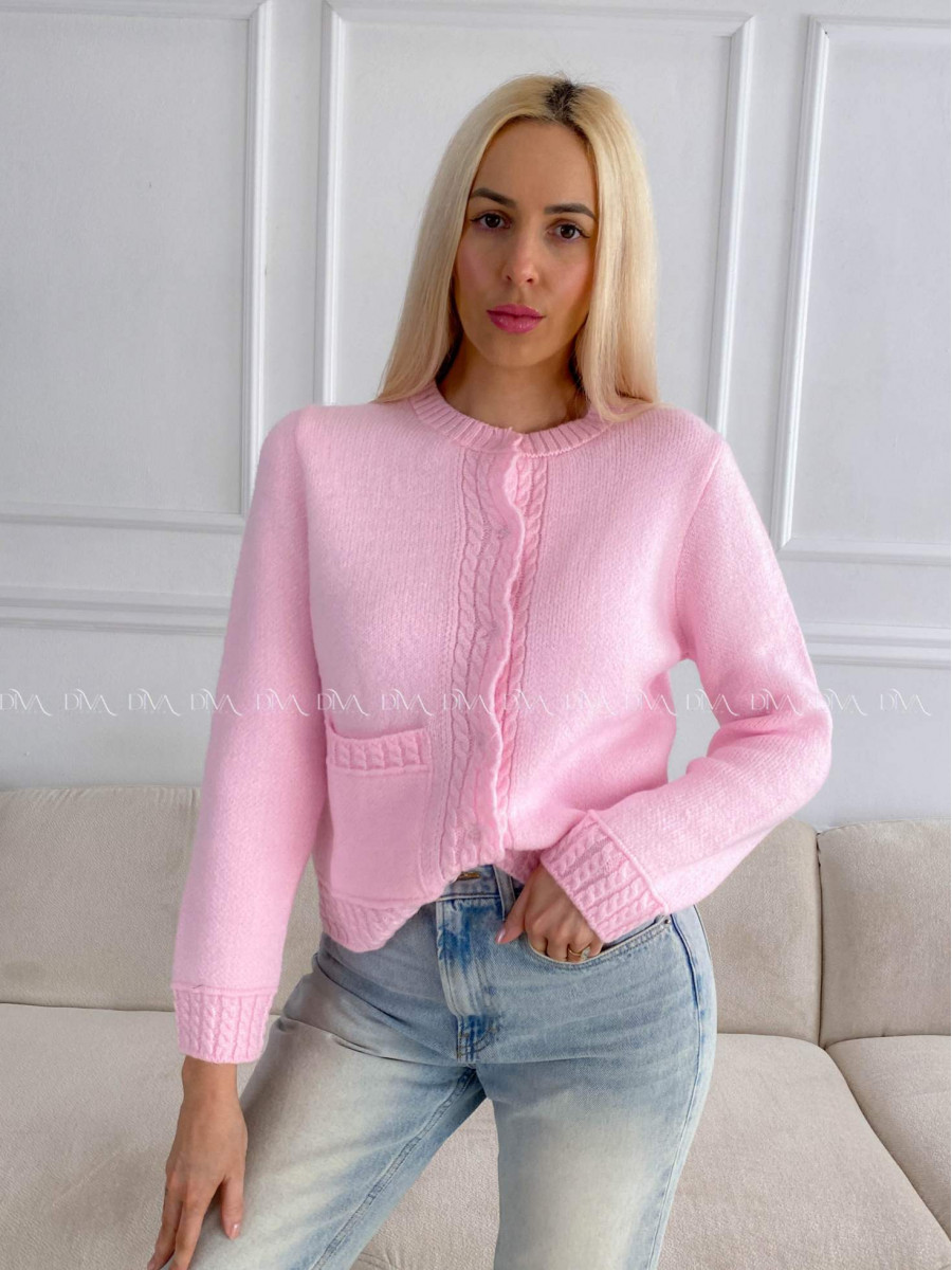 Mäkký kardigan s vrkočovým vzorom ružový B 11