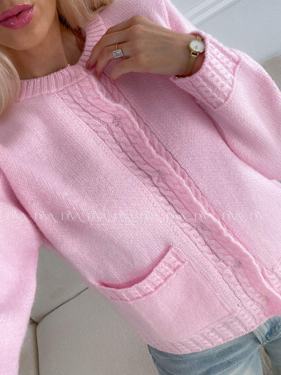 Mäkký kardigan s vrkočovým vzorom ružový B 11