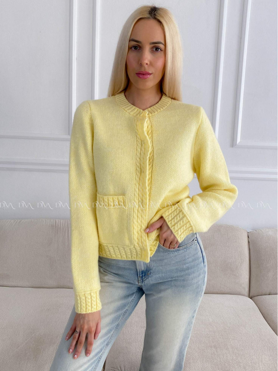Mäkký kardigan s vrkočovým vzorom žltý B 11