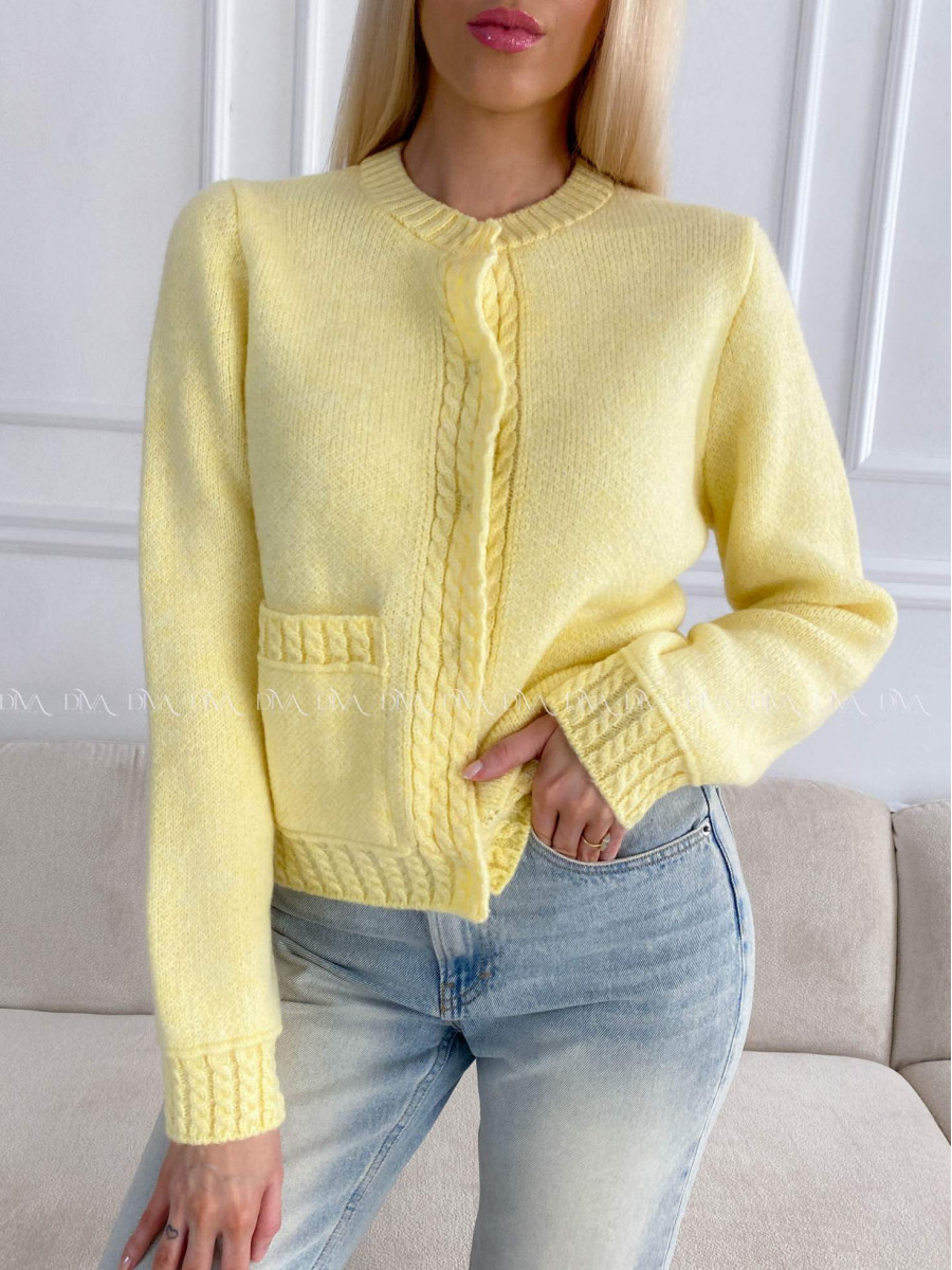 Mäkký kardigan s vrkočovým vzorom žltý B 11
